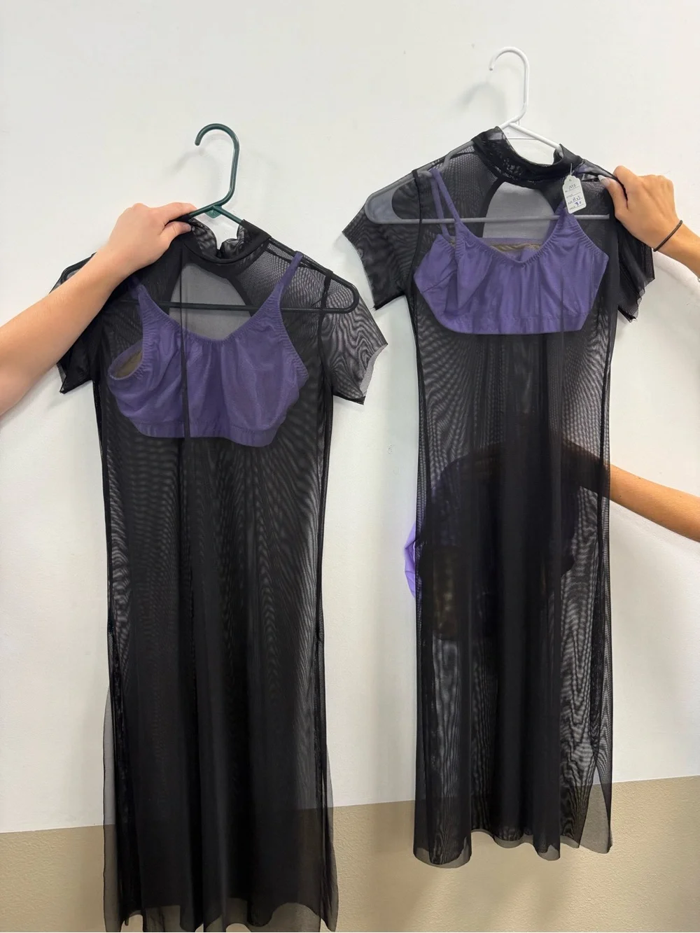 Dance Costume Sheer Black Mesh Cover-Up with Purple Bralette and Bottoms